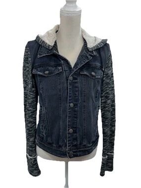 Women's Dark Grey Hooded Denim Jacket with Knit Sleeves